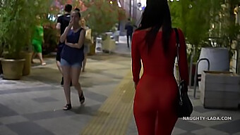 Boob-Baring Milf In Red Dress In Public