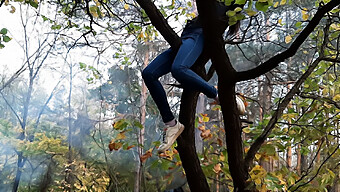 Gadis Merangsang Diri Di Tempat Awam Di Atas Pokok